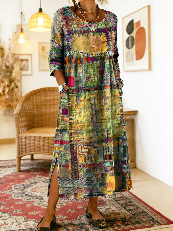 Nihada - Vestido Midi Artístico Com Corte Evasê