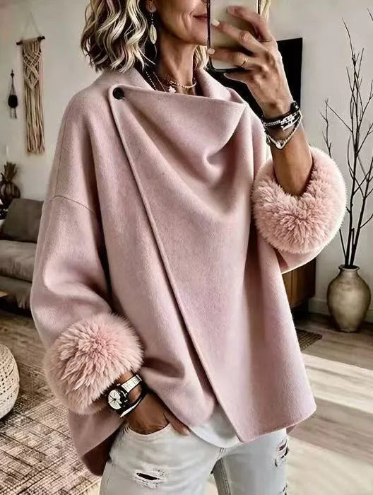 Mikila - Faux Fur Cuff Asymmetric Wool-Blend Jacket