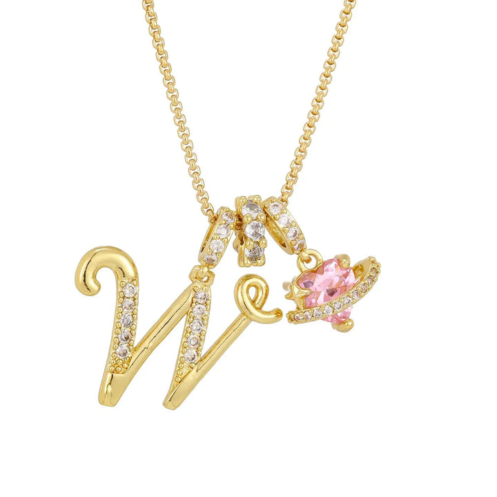 Nerute - Colar Com Inicial e Pingente em Forma de Coração Rosa