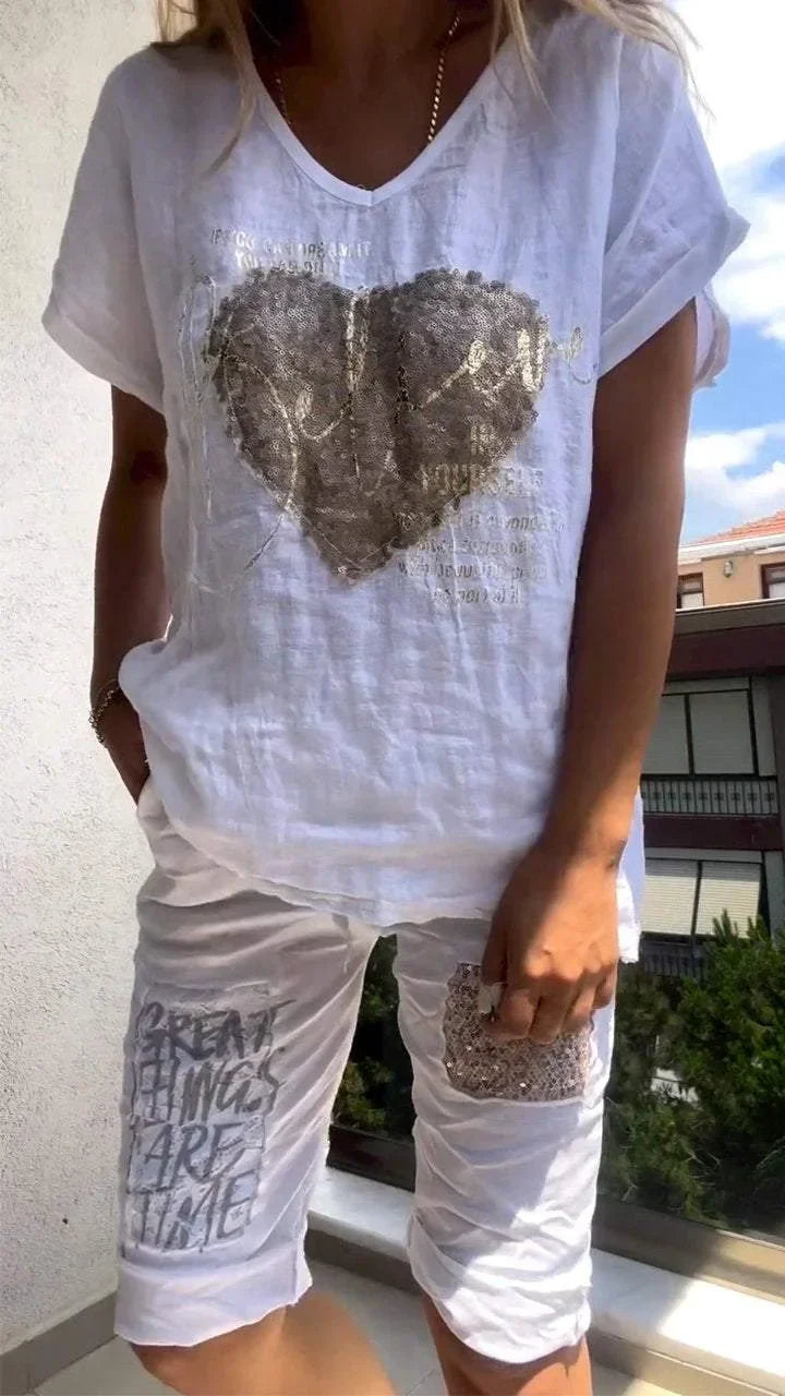 Varessa - Conjunto casual de Duas peças com Decote em V e Estampagem Dourada