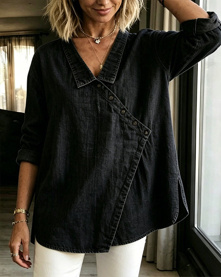Olizia - Blusa Lisa Com Gola Diagonal Com Botões
