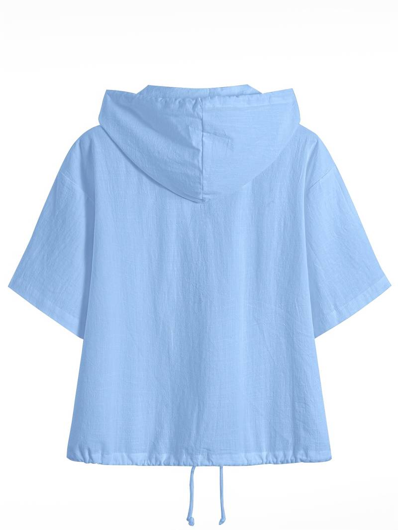 Senushi - Camisa de Manga Curta Folgada Com Capuz e Fecho de Correr