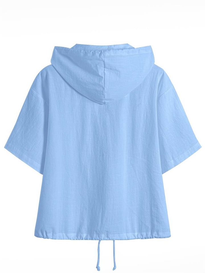 Senushi - Camisa de Manga Curta Folgada Com Capuz e Fecho de Correr