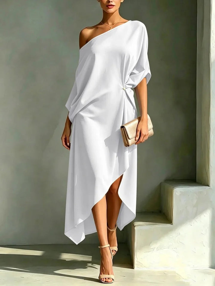 Elonia - Vestido Midi Assimétrico Com Ombros à Vista