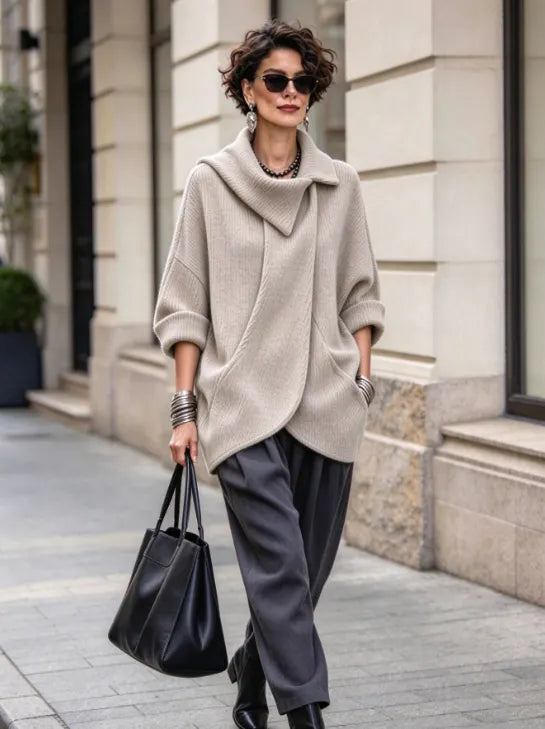 Lenneke - Casaco de Corte Largo com Gola Assimétrica e Bolsos