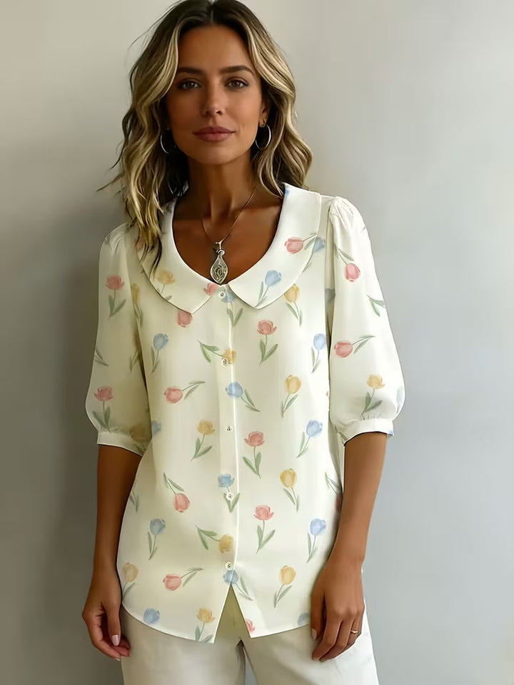 Alvique - Blusa De Manga Curta Com Gola Com Padrão Floral