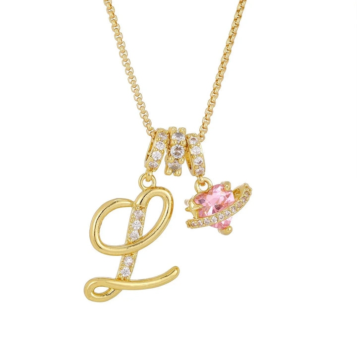 Nerute - Colar Com Inicial e Pingente em Forma de Coração Rosa