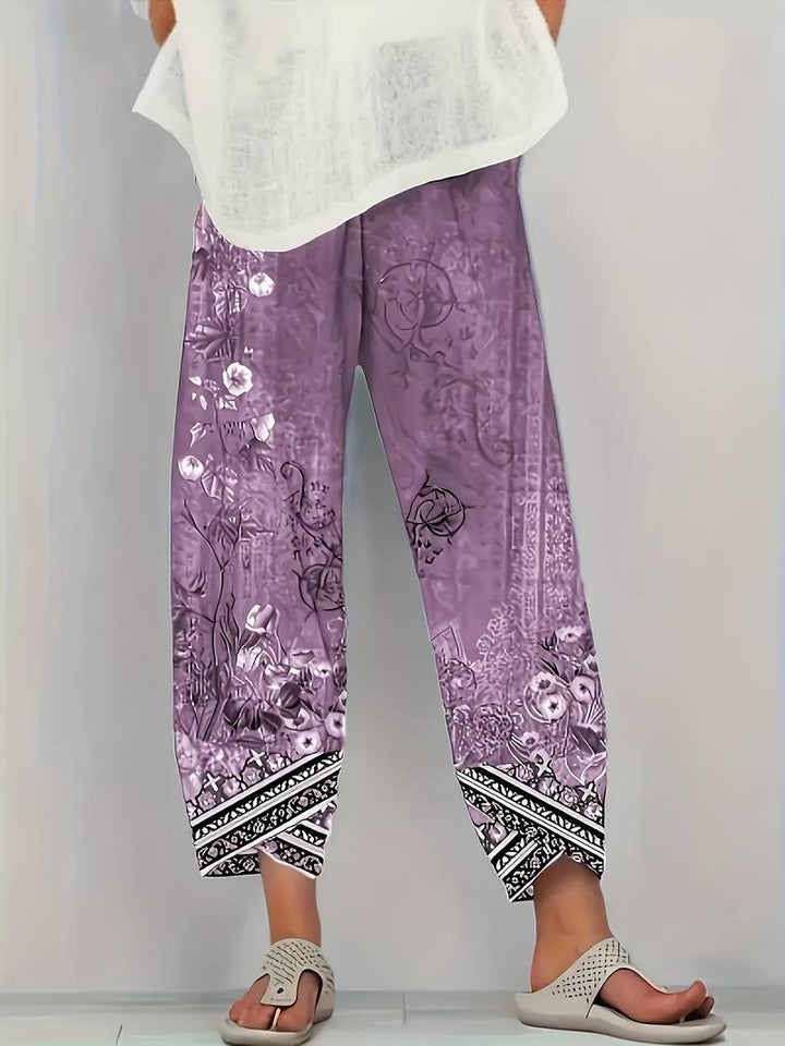 Thimasha - Calças Capri Com Padrão Floral Vintage e Cintura Elástica