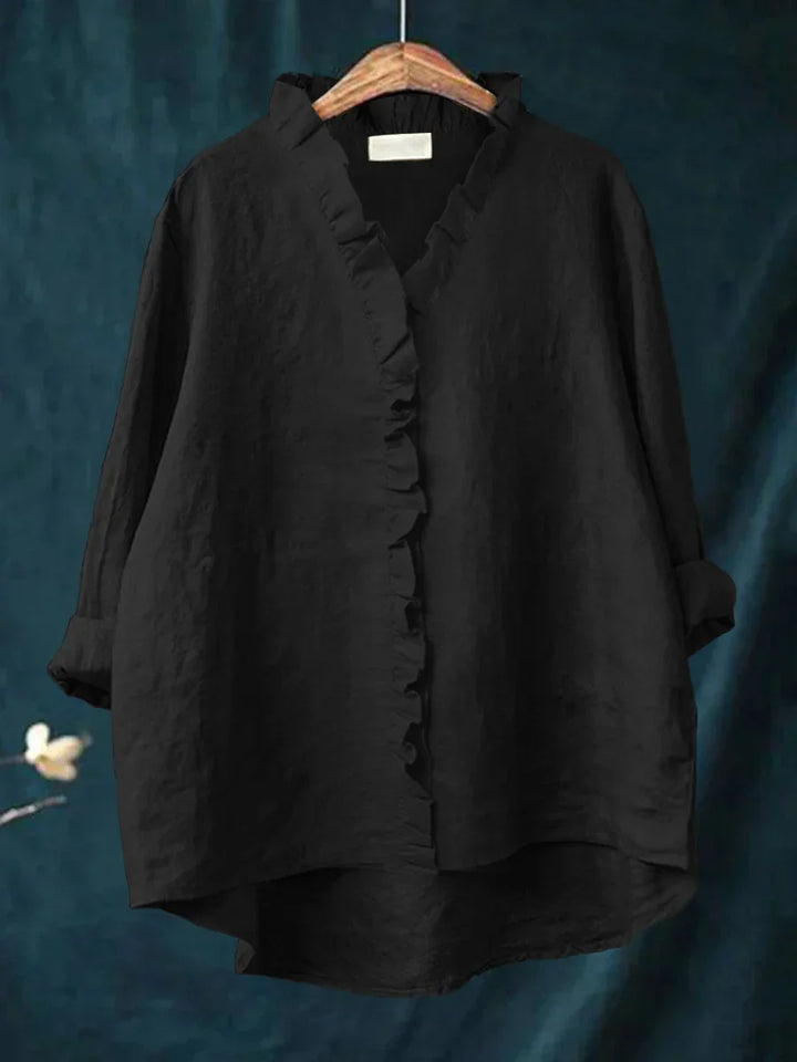 Sanela - Camisa Casual de Algodão e Linho com Folhos