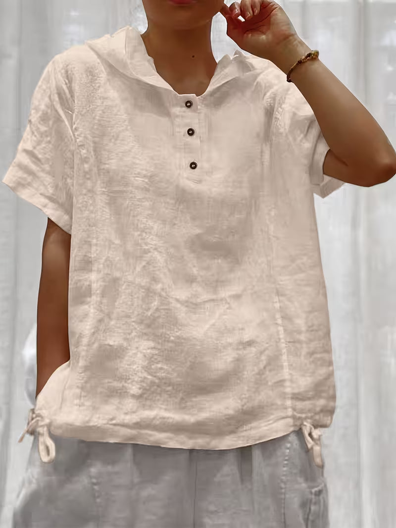 Bouchra - Camisa Folgada De Manga Curta Com Capuz De Cor Lisa E Botões À Frente
