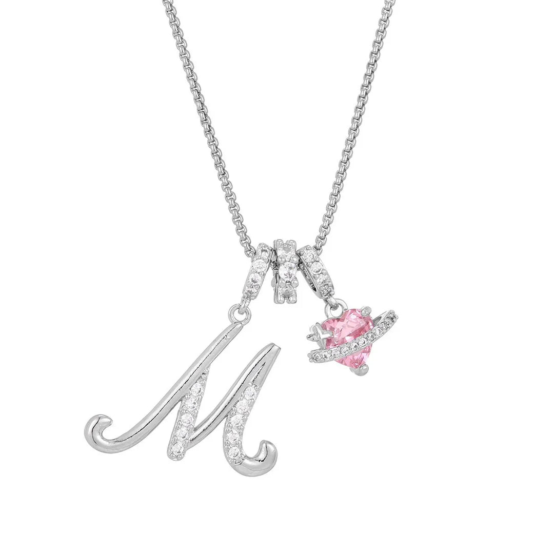 Nerute - Colar Com Inicial e Pingente em Forma de Coração Rosa