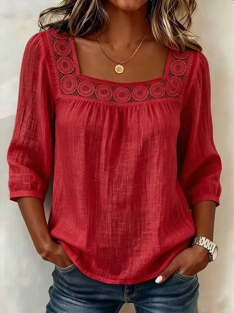 Nozomi - Blusa De Patchwork Com Renda E Decote Quadrado