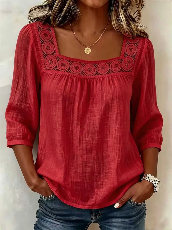 Nozomi - Blusa De Patchwork Com Renda E Decote Quadrado