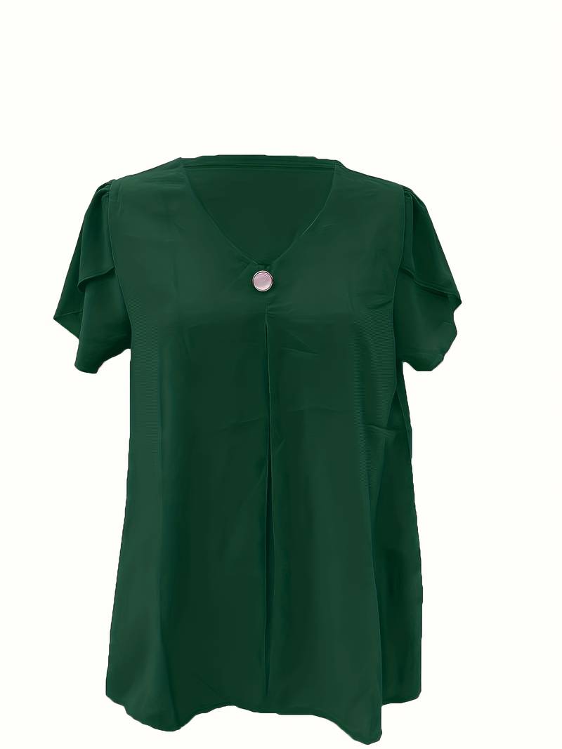Thilakshi - Blusa de Manga Curta Com Folhos e um Unico Botão