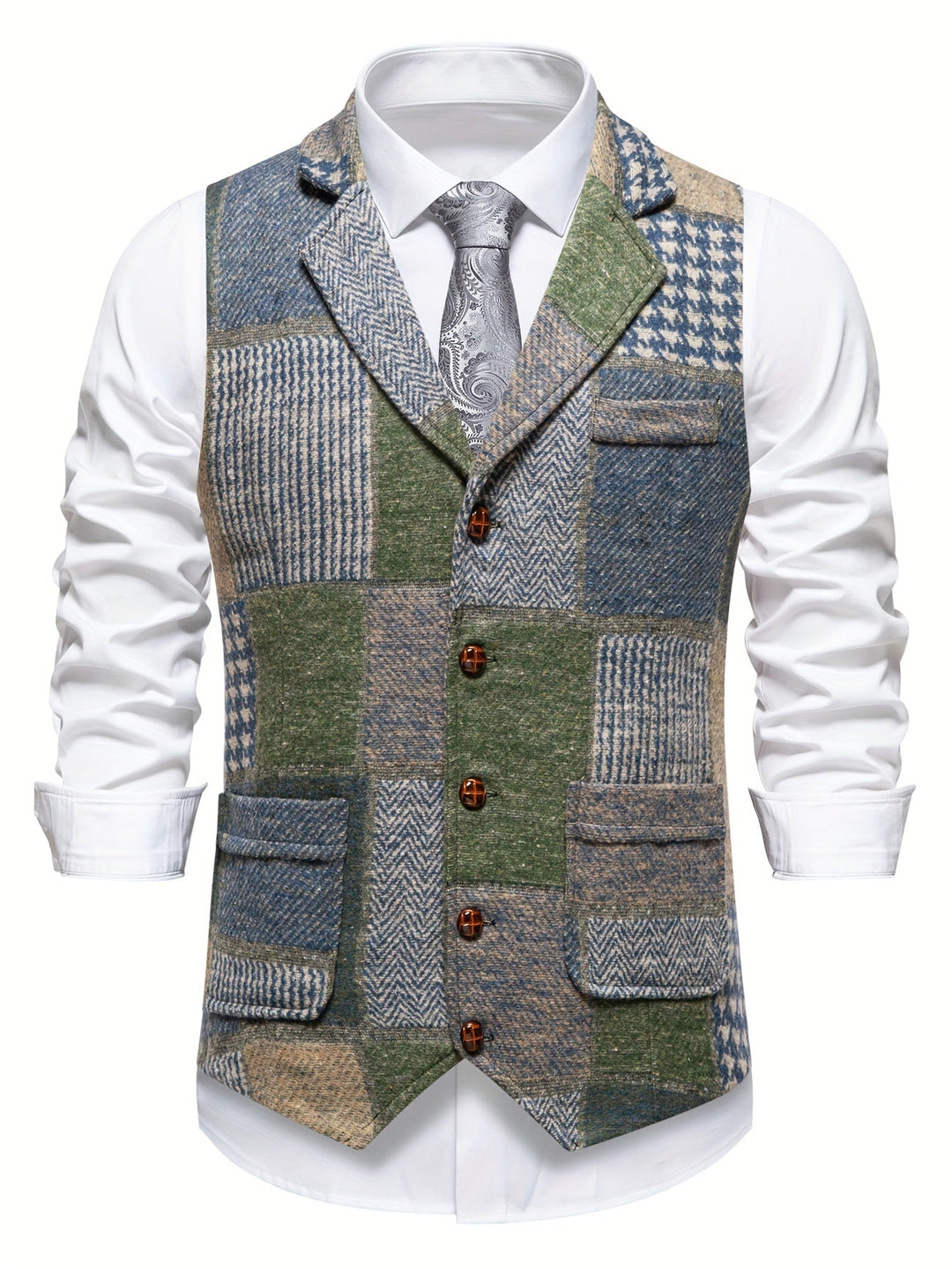 Saverse - Colete em tweed com Padrão em Espinha de Peixe em Patchwork