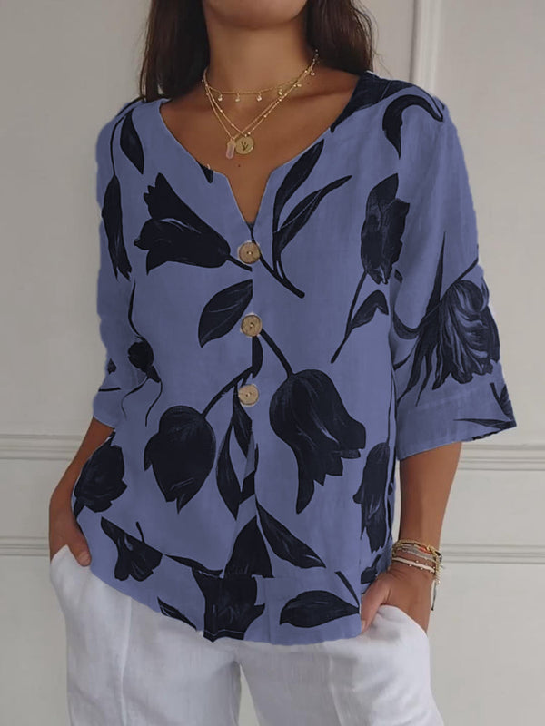 Despoina - Top Elegante Com Estampado Floral e Botões