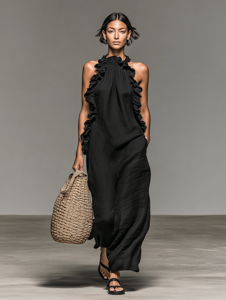 Fiora - Vestido Longo SEM Mangas, Com Babados, Decote Halter E Bolsos