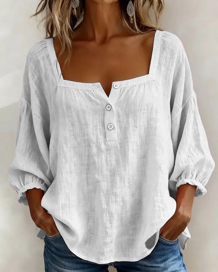 Leontien - Blusa De Algodão De Manga Comprida Com Decote Quadrado