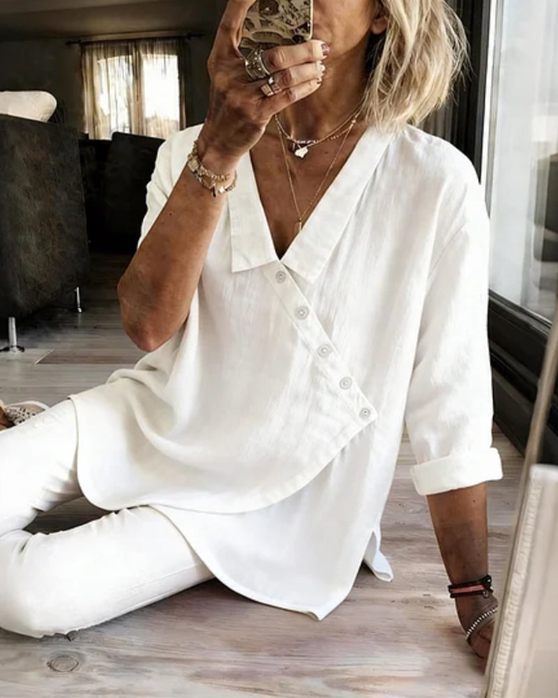 Ritienne - Blusa Confortável Com Gola E Botão Assimétrico