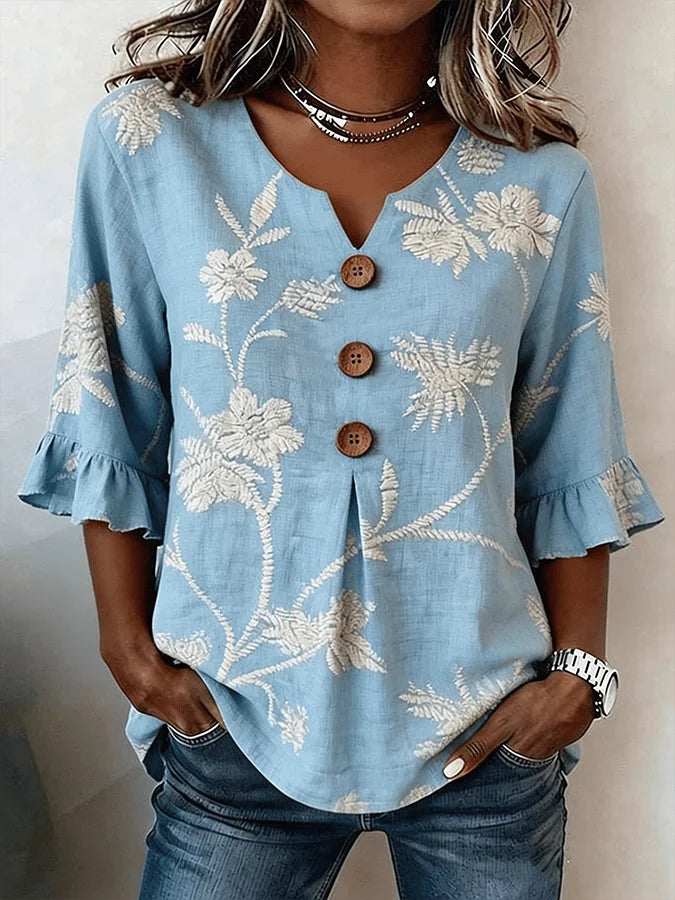 Bisila - Camisa Com Bordado Floral e Mangas Com Folhos