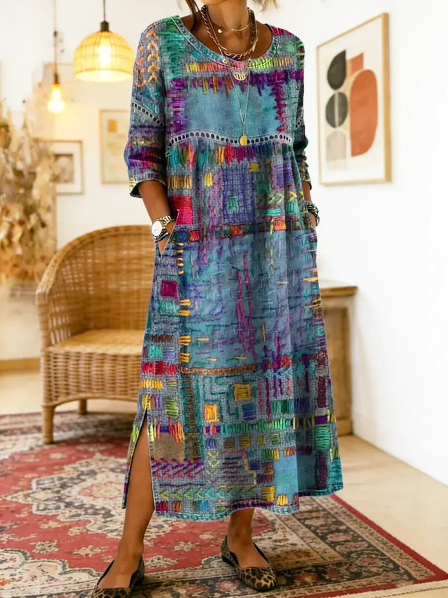 Nihada - Vestido Midi Artístico Com Corte Evasê