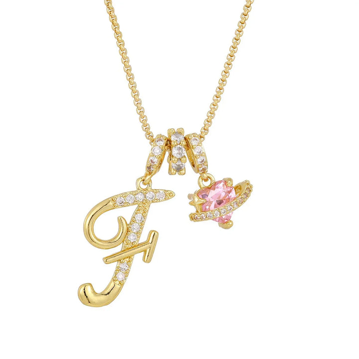 Nerute - Colar Com Inicial e Pingente em Forma de Coração Rosa