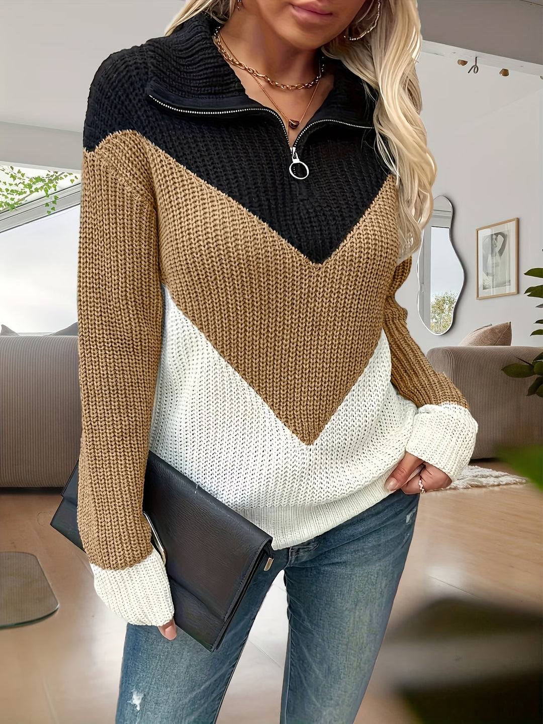 Fagina - Camisola Elegante De Malha Com Meio Fecho