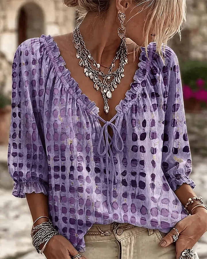 Orlyna - Blusa Com Laços E Padrão De Bolinhas Com Decote Em V