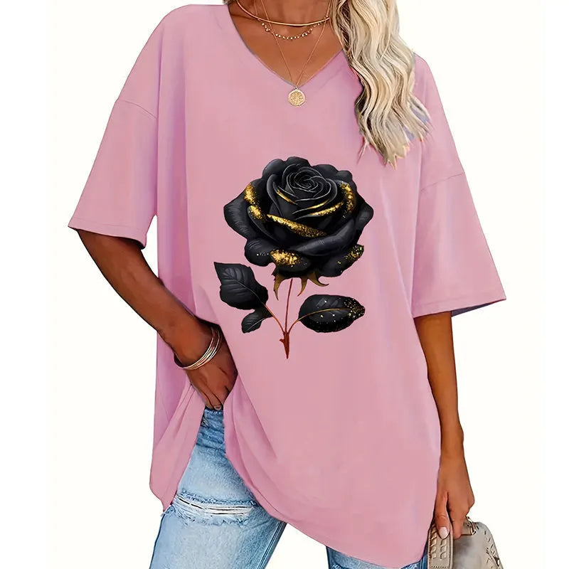 Aijia - T-camisa Com Decote Em V E Estampado De Rosas
