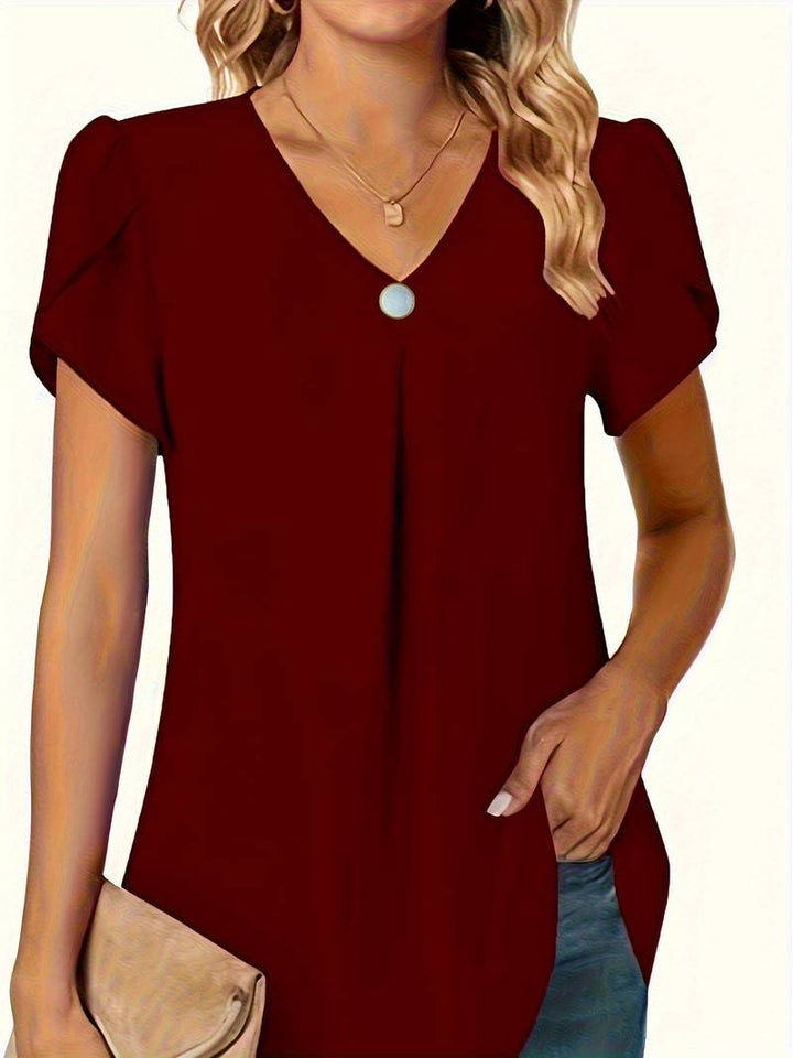 Thilakshi - Blusa de Manga Curta Com Folhos e um Unico Botão