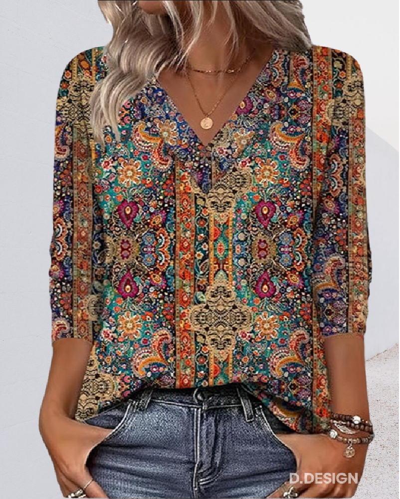 Eleeza - Blusa Com Decote Em V e Estampado Retro