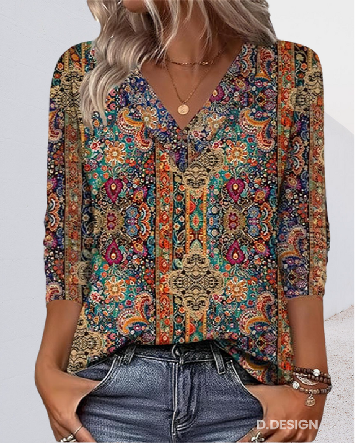Eleeza - Blusa Com Decote Em V e Estampado Retro