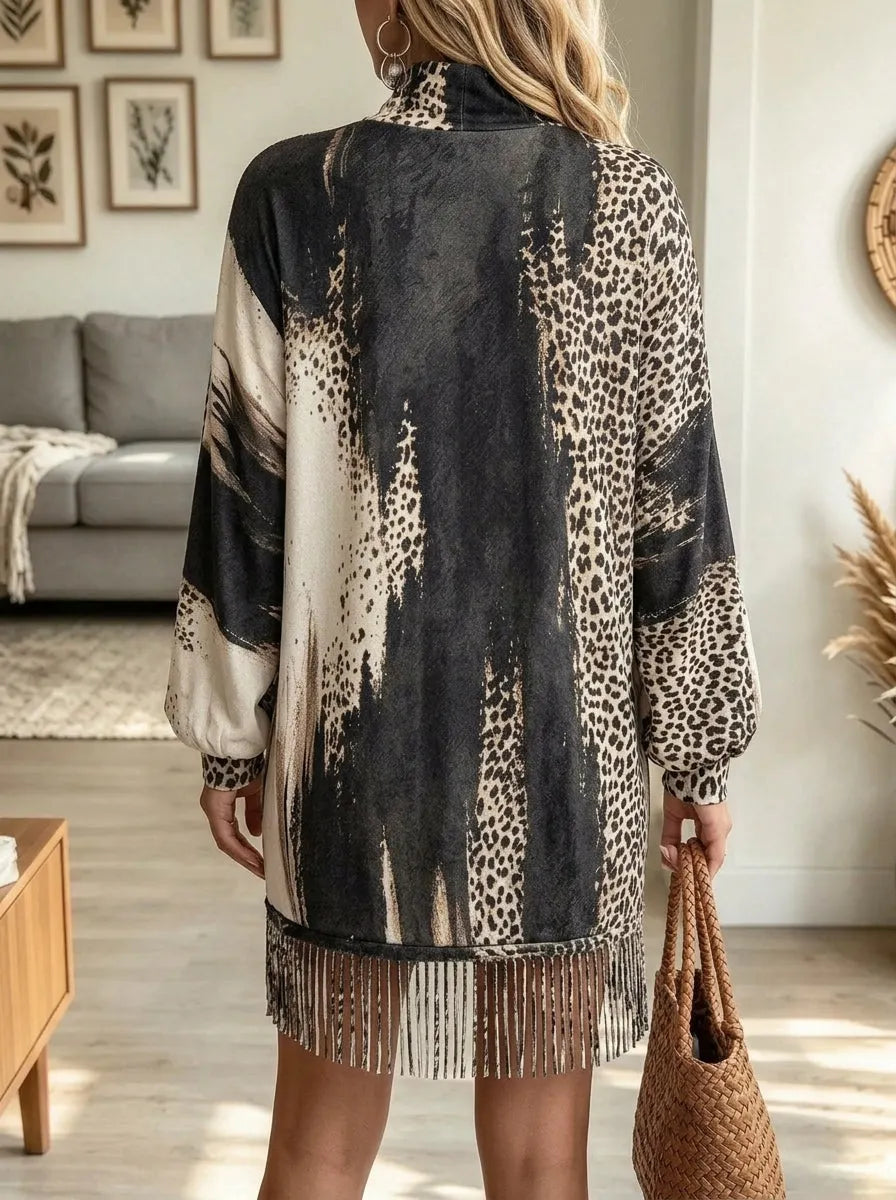 Jakisa – Vestido De Malha Com Estampa De Leopardo E Bainha Com Franjas