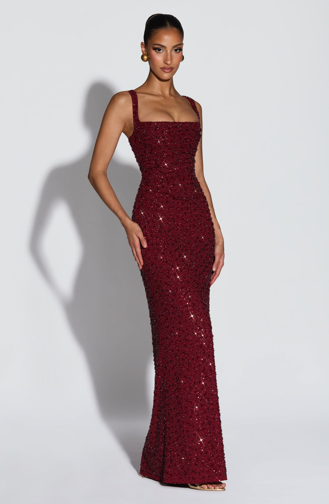 Rekina - Vestido Maxi Com Decote Quadrado e Lantejoulas