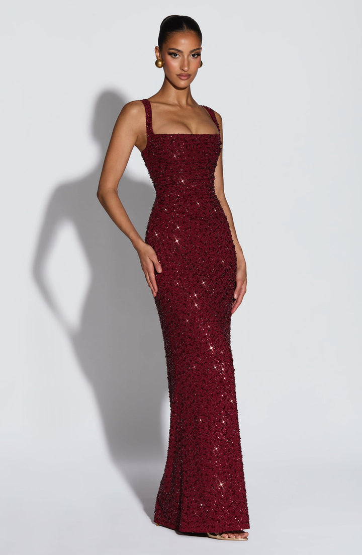 Rekina - Vestido Maxi Com Decote Quadrado e Lantejoulas