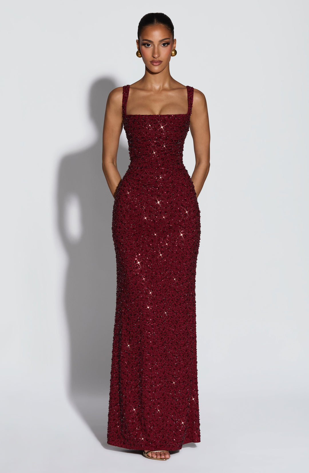 Rekina - Vestido Maxi Com Decote Quadrado e Lantejoulas