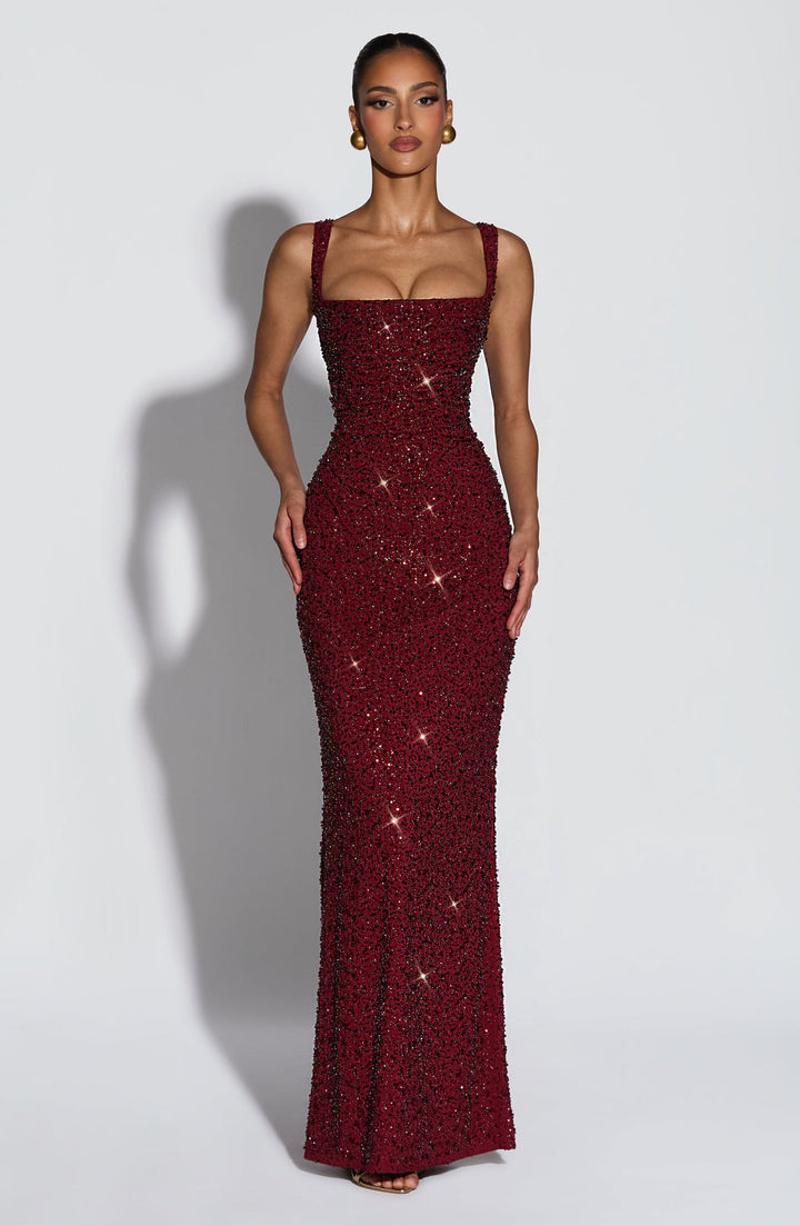 Rekina - Vestido Maxi Com Decote Quadrado e Lantejoulas