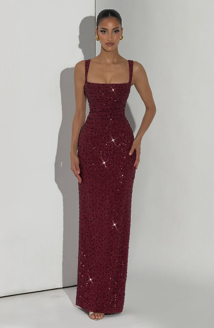 Rekina - Vestido Maxi Com Decote Quadrado e Lantejoulas