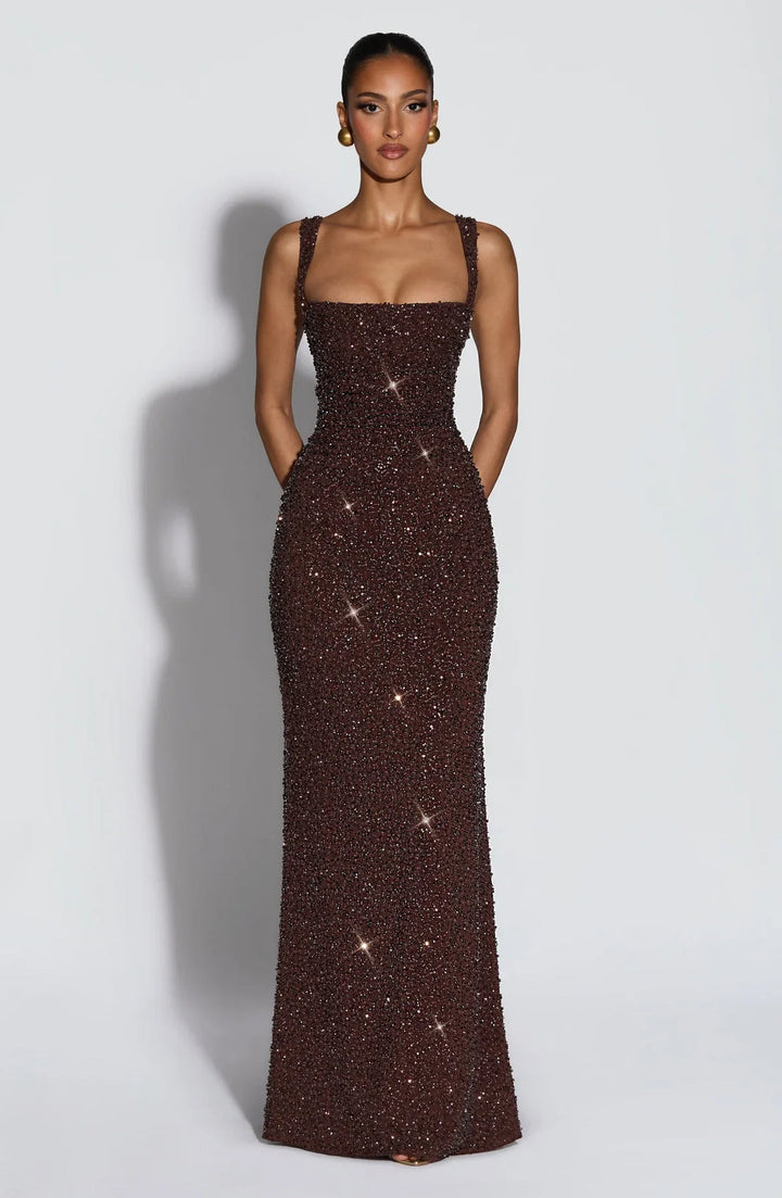 Rekina - Vestido Maxi Com Decote Quadrado e Lantejoulas