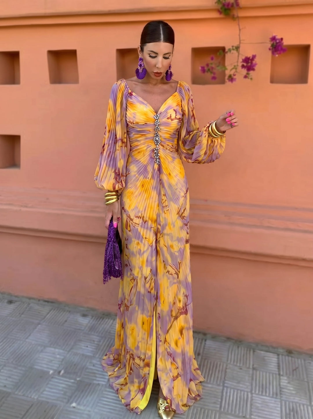 Calvillo - Vestido Maxi Floral com Pregas e Manga Comprida