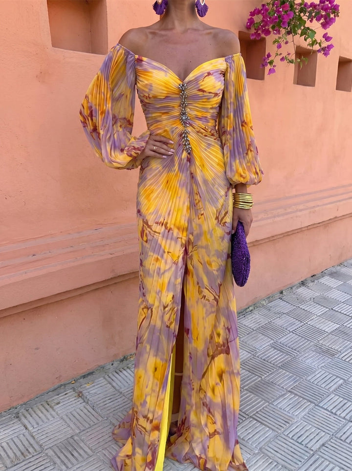 Calvillo - Vestido Maxi Floral com Pregas e Manga Comprida