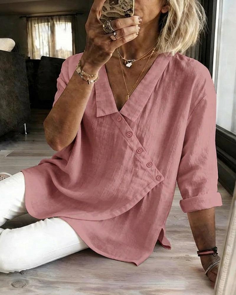 Ritienne - Blusa Confortável Com Gola E Botão Assimétrico