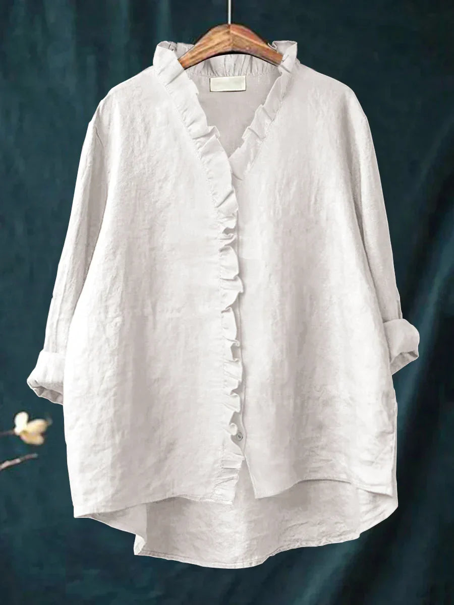 Sanela - Camisa Casual de Algodão e Linho com Folhos