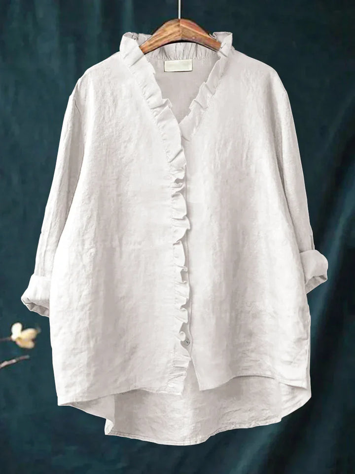 Sanela - Camisa Casual de Algodão e Linho com Folhos
