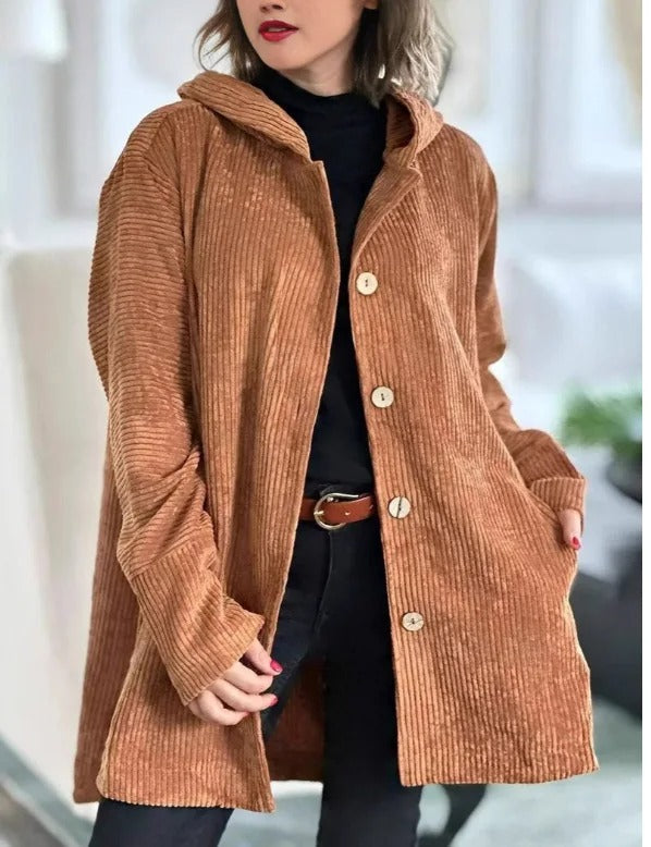 Tezila - Casaco Elegante De Veludo Cotelê Com Capuz