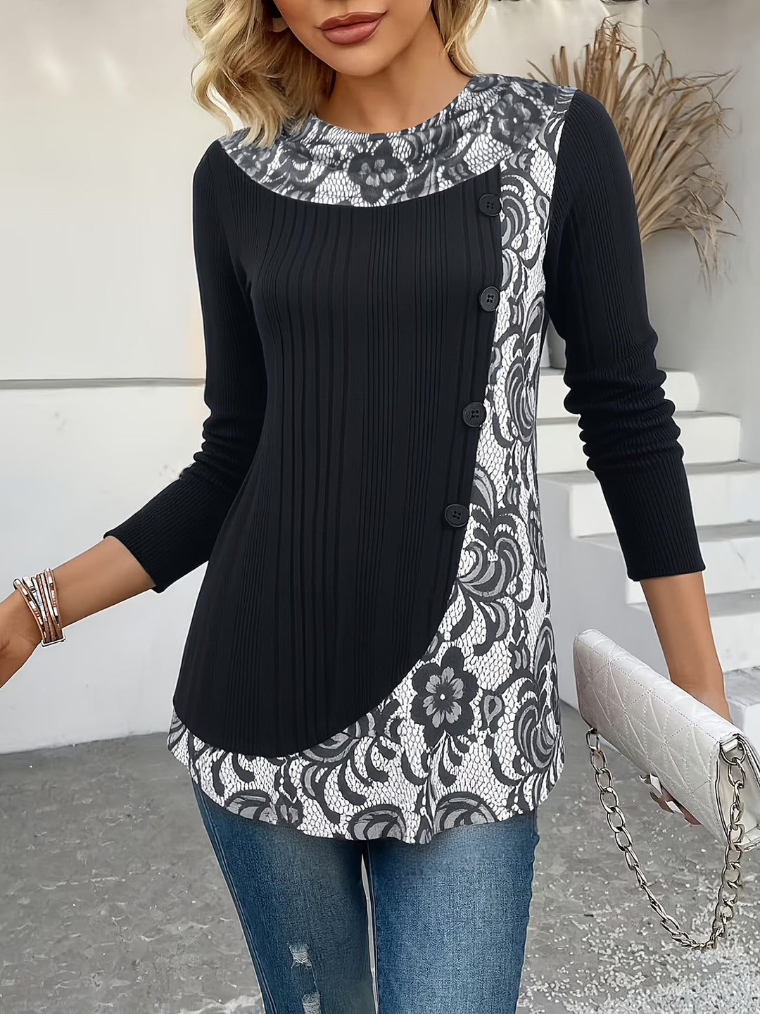 Lizeth - Camiseta De Manga Comprida Com Gola Redonda