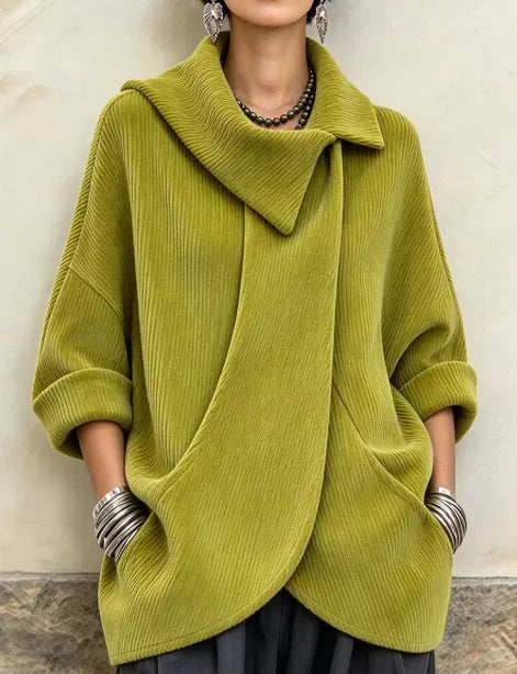Lenneke - Casaco de Corte Largo com Gola Assimétrica e Bolsos