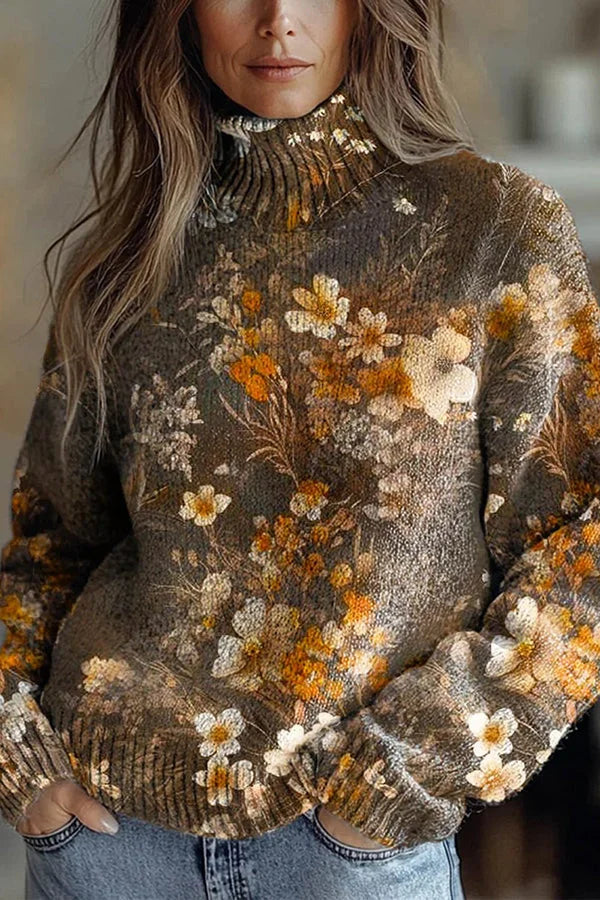 Nijole - Moletom Floral de Gola Alta e Mangas Compridas