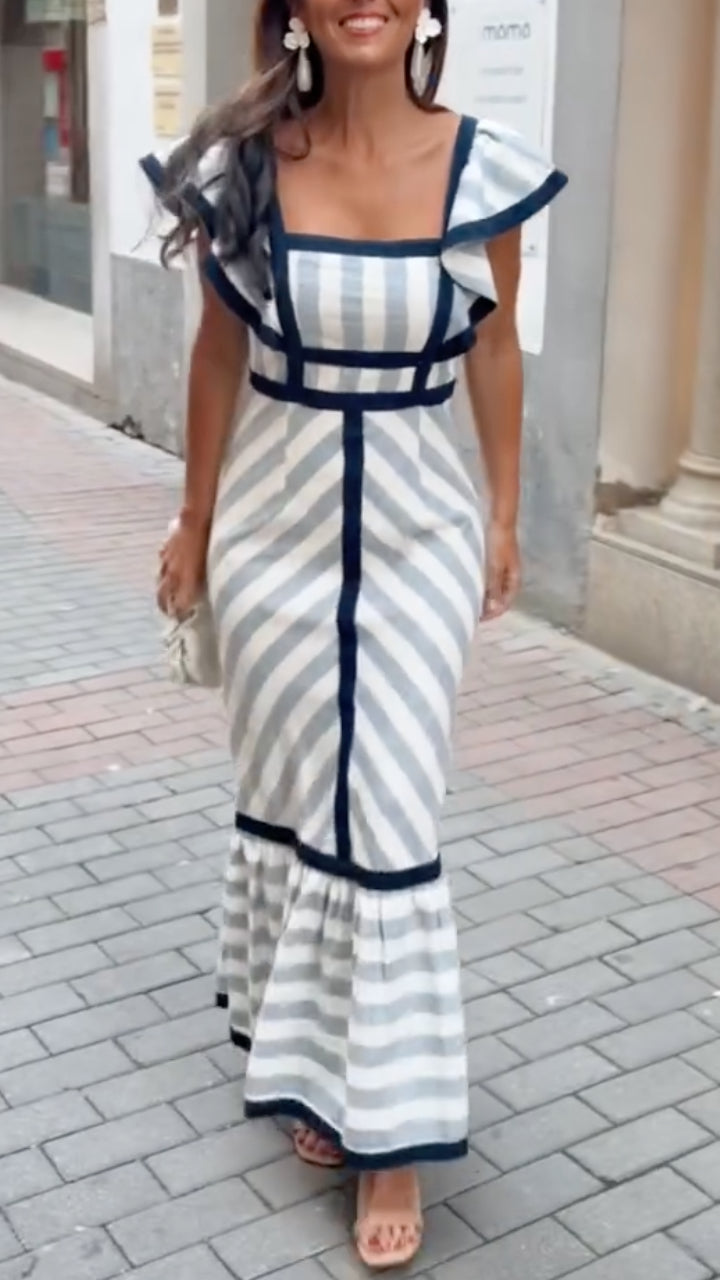 Lileeka - Vestido Maxi Com Riscas Mistas e Decote Quadrado