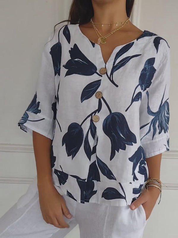 Despoina - Top Elegante Com Estampado Floral e Botões